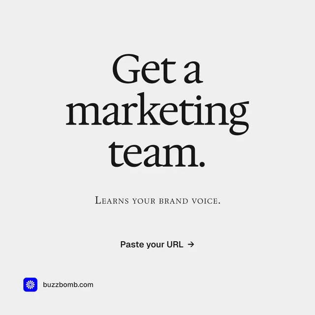 Instagram post for BuzzBomb: "Get a marketing team." Swiss style, smallcaps layout, light palette in white, grey.