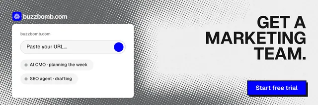 X header for BuzzBomb: "Get a marketing team." Brutalist style, right layout, light palette in white, grey.