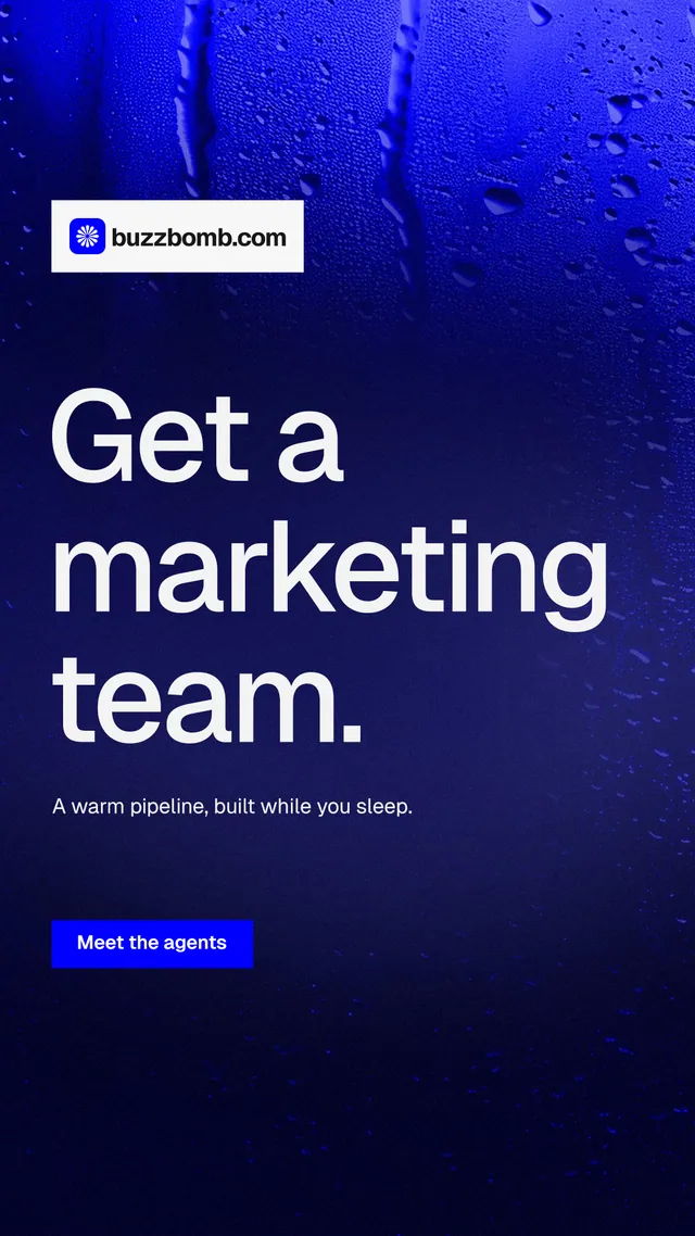 Instagram story for BuzzBomb: "Get a marketing team." Swiss style, announce layout, dark palette in black, blue.