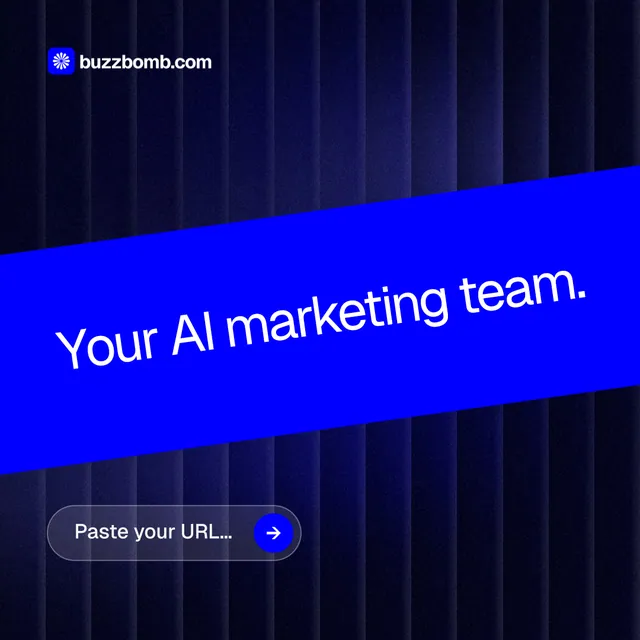 Instagram post for BuzzBomb: "Your AI marketing team." Agentic glass style, diagonal layout, dark palette in blue, black.