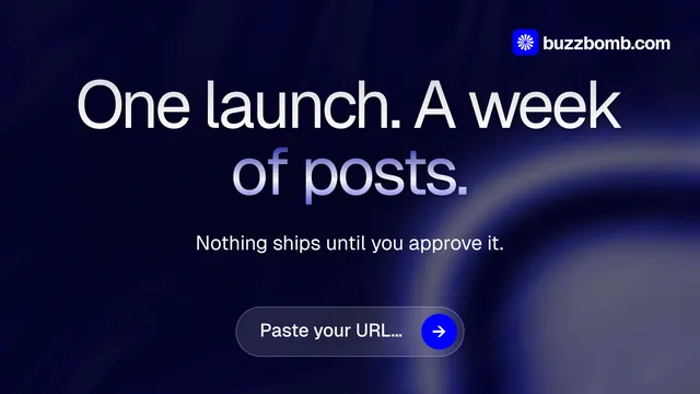 Landscape graphic for BuzzBomb: "One launch. A week of posts." Agentic glass style, centred layout, dark palette in grey, black, blue.