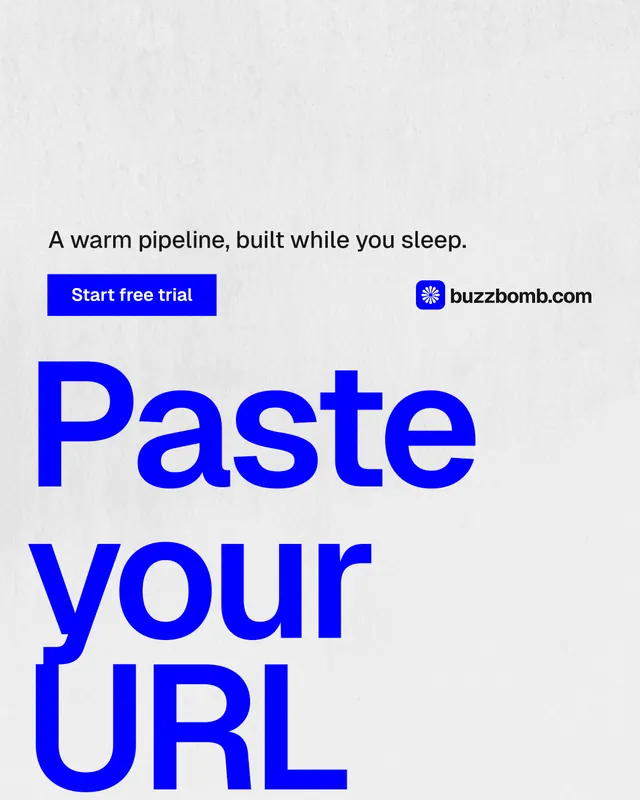 Instagram portrait post for BuzzBomb: "Paste your URL." Swiss style, oversized layout, light palette in white, blue.