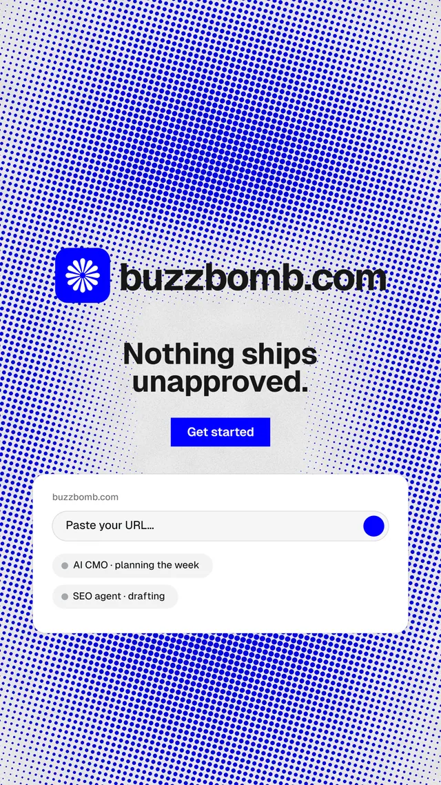 Instagram story for BuzzBomb: "Nothing ships unapproved." Swiss style, logo hero layout, light palette in blue, white.