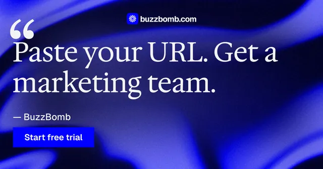 Social ad for BuzzBomb: "Seven agents. One chat." Swiss style, quote layout, dark palette in blue.