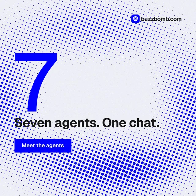 Instagram post for BuzzBomb: "One launch. A week of posts." Swiss style, stat layout, light palette in blue, white.
