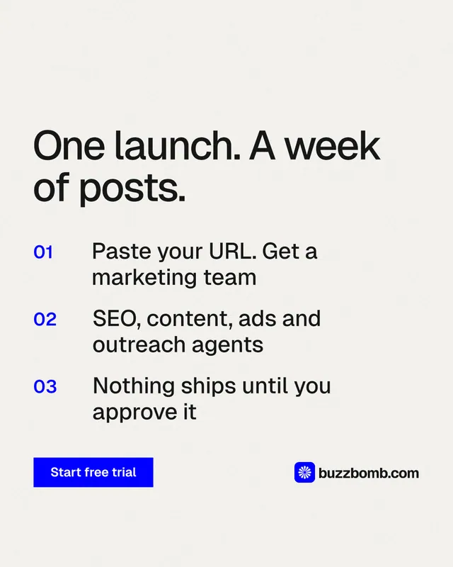 Instagram portrait post for BuzzBomb: "One launch. A week of posts." Swiss style, numbered layout, light palette in white.