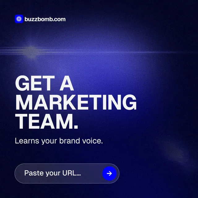 Instagram post for BuzzBomb: "Get a marketing team." Agentic glass style, skeleton layout, dark palette in black, blue.