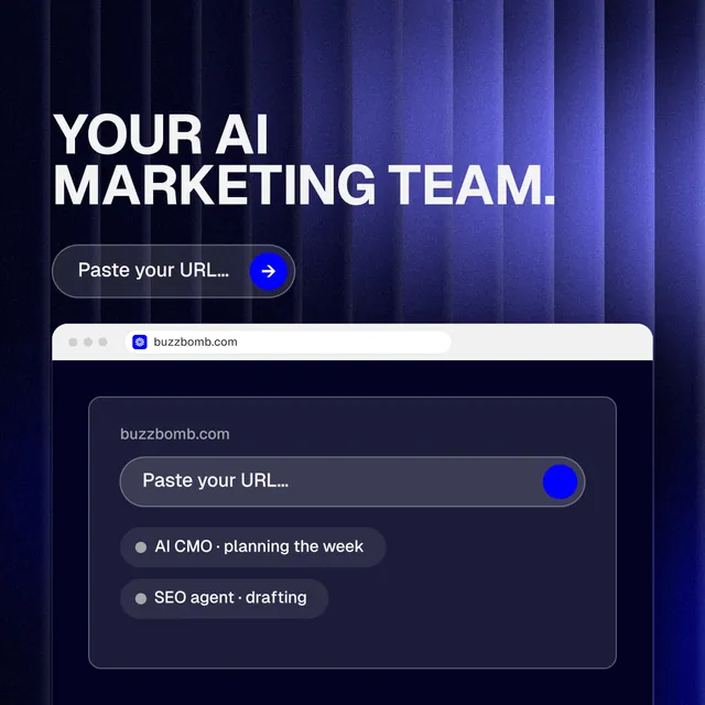 Instagram post for BuzzBomb: "Your AI marketing team." Agentic glass style, browser layout, dark palette in blue, black.