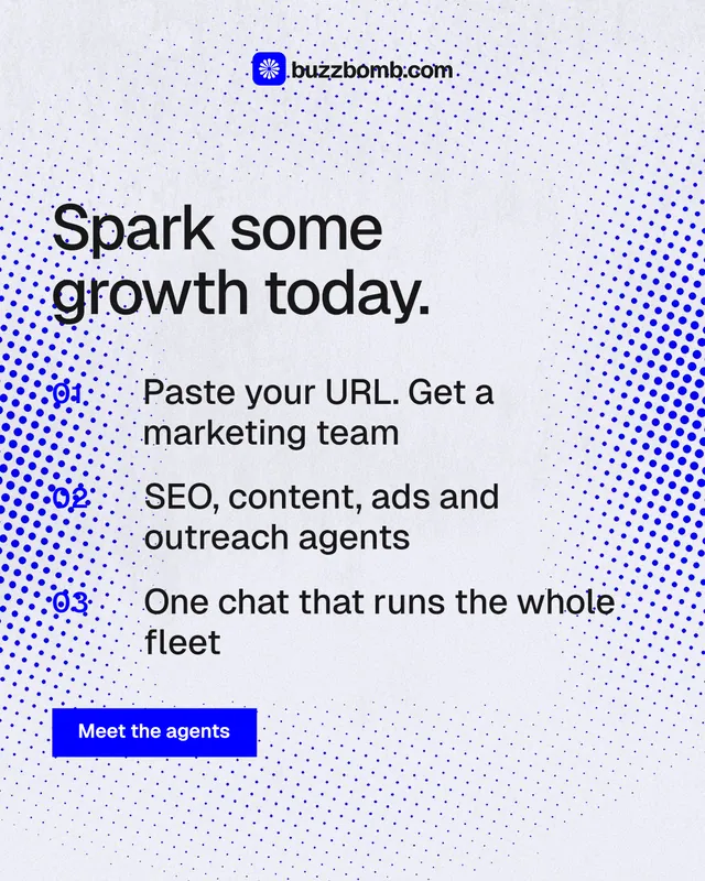 Instagram portrait post for BuzzBomb: "Spark some growth today." Split block style, numbered layout, light palette in white, blue.