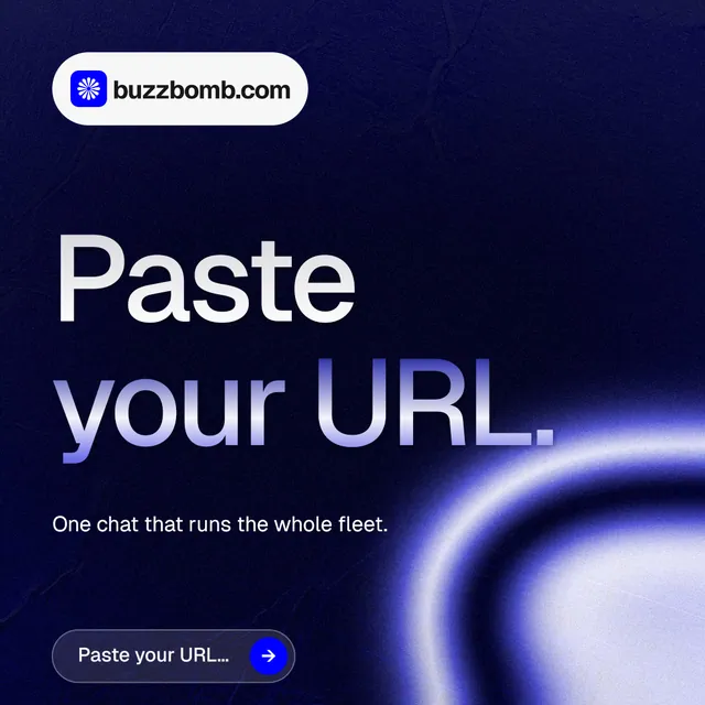 Instagram post for BuzzBomb: "Paste your URL." Agentic glass style, announce layout, dark palette in blue, black.