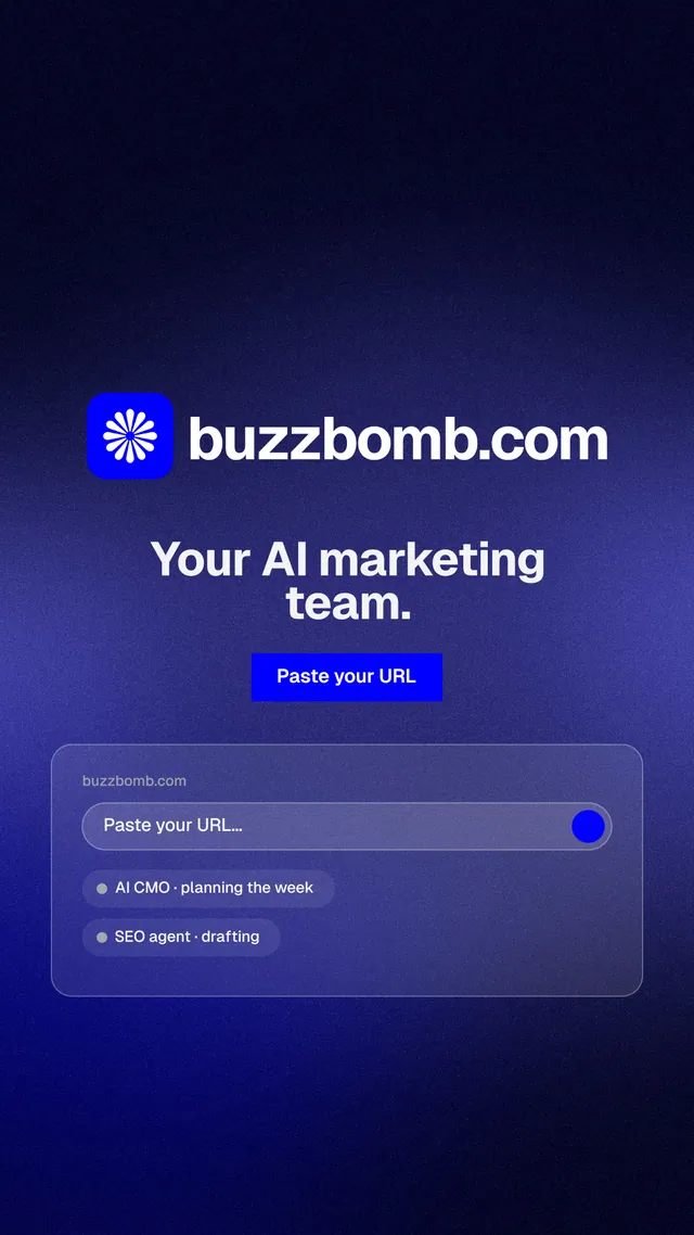 Instagram story for BuzzBomb: "Your AI marketing team." Swiss style, logo hero layout, dark palette in black, blue.