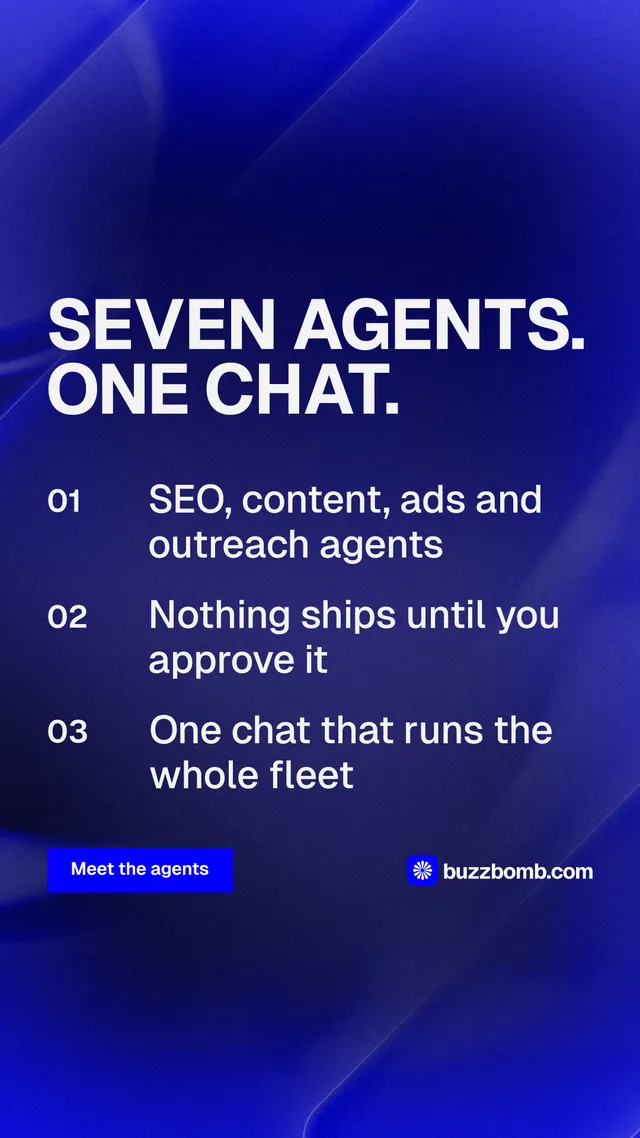 Instagram story for BuzzBomb: "Seven agents. One chat." Swiss style, numbered layout, dark palette in blue.