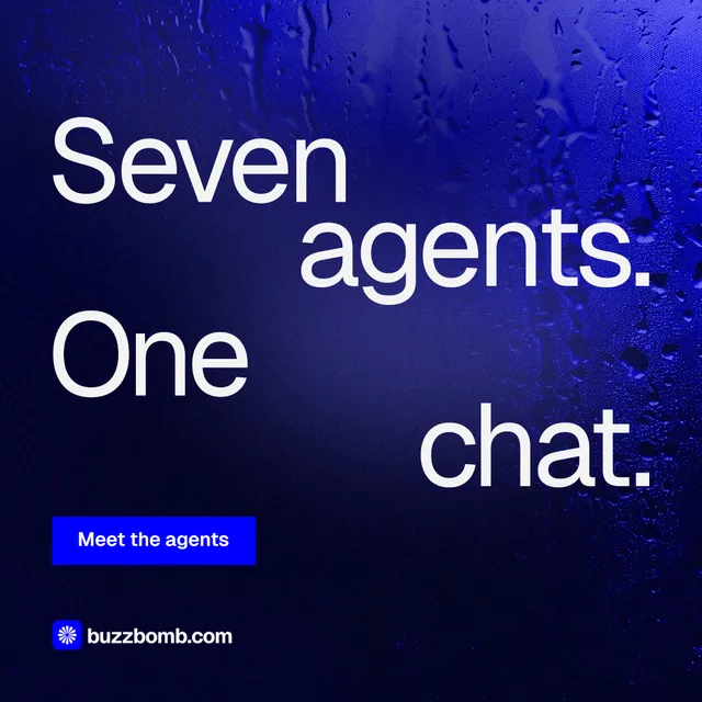 Instagram post for BuzzBomb: "Seven agents. One chat." Swiss style, stacked layout, dark palette in black, blue.