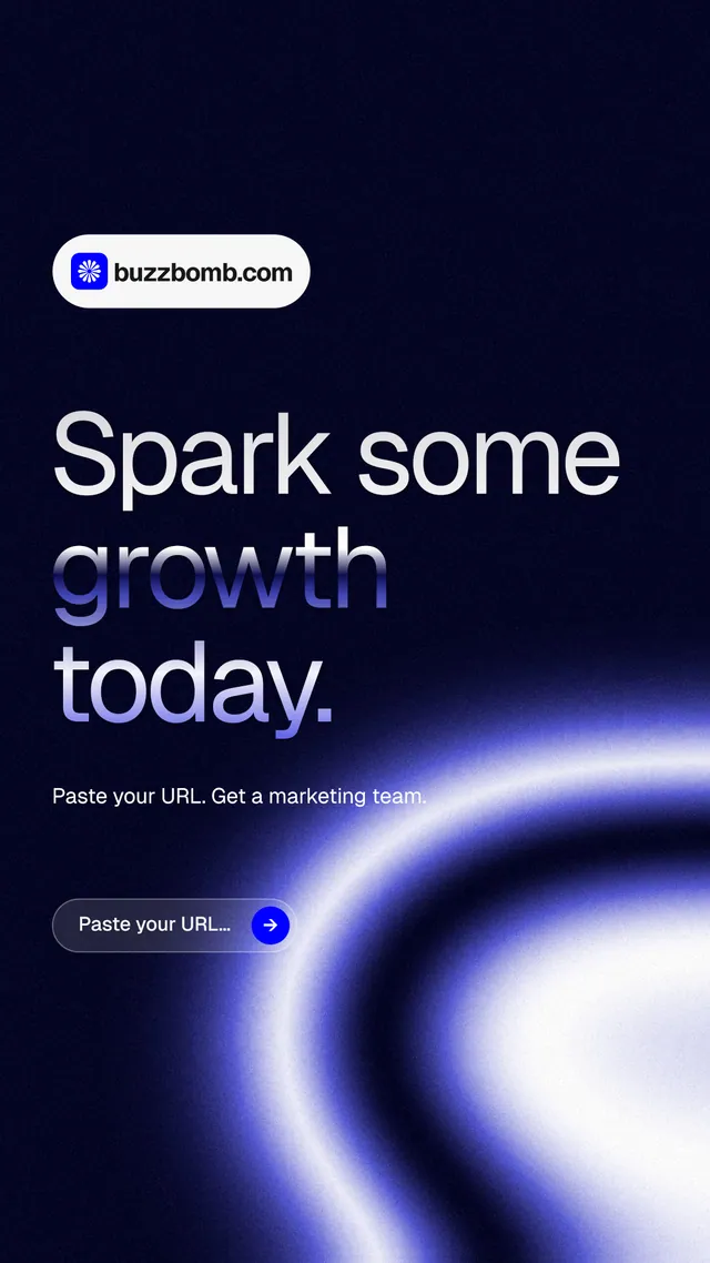 Instagram story for BuzzBomb: "Spark some growth today." Agentic glass style, announce layout, dark palette in black, blue.