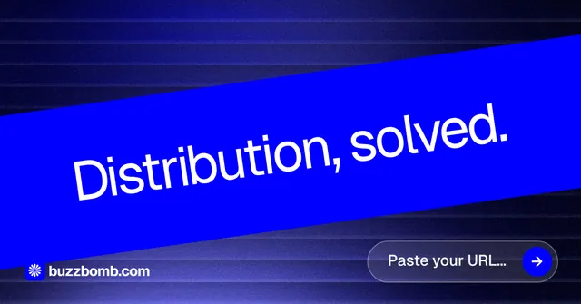 Social ad for BuzzBomb: "Distribution, solved." Agentic glass style, diagonal layout, dark palette in blue.