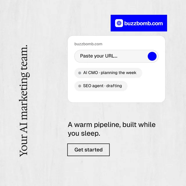 Instagram post for BuzzBomb: "Your AI marketing team." Editorial style, vertical layout, light palette in white, blue.