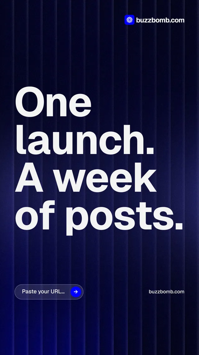 Instagram story for BuzzBomb: "One launch. A week of posts." Agentic glass style, poster layout, dark palette in blue, black, grey.