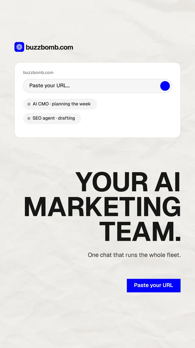 Instagram story for BuzzBomb: "Your AI marketing team." Swiss style, right layout, light palette in white, grey.