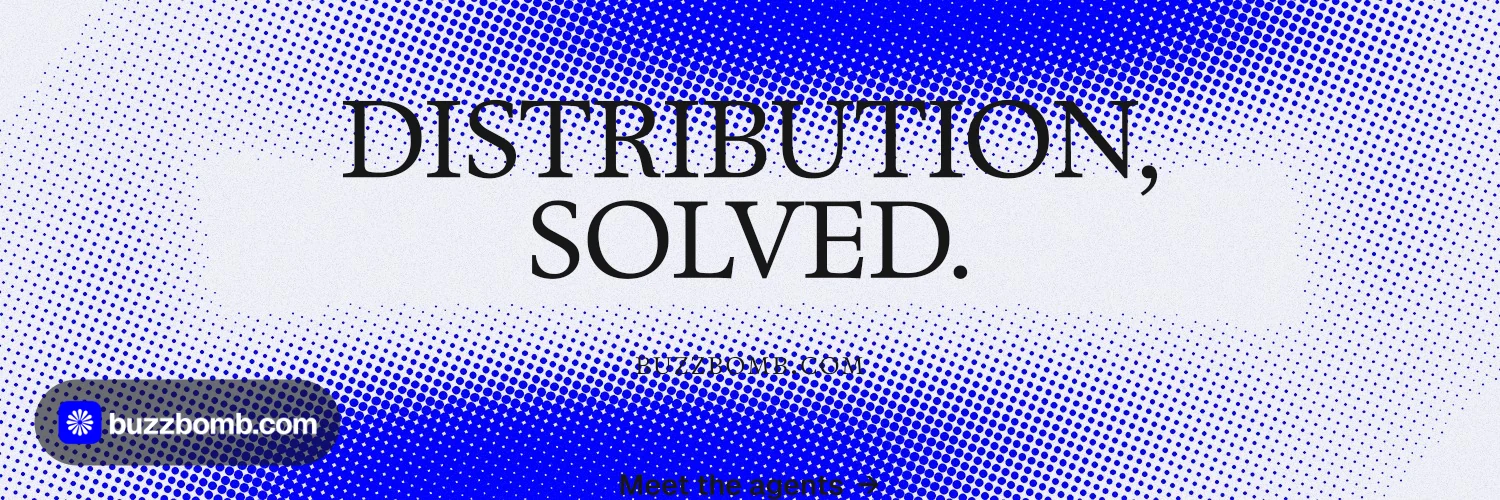 X header for BuzzBomb: "Distribution, solved." Swiss style, smallcaps layout, light palette in blue, white.