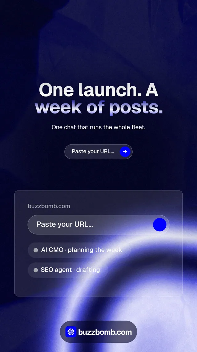 Instagram story for BuzzBomb: "One launch. A week of posts." Agentic glass style, centred layout, dark palette in black, blue.