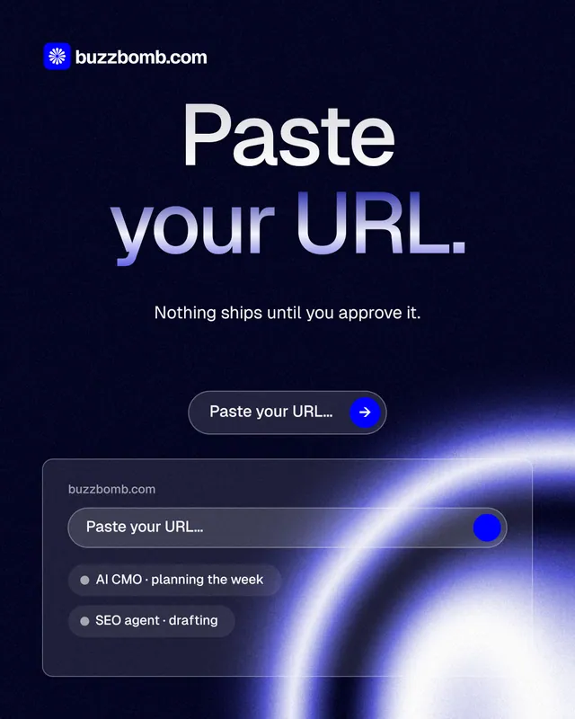 Instagram portrait post for BuzzBomb: "Paste your URL." Agentic glass style, centred layout, dark palette in black, blue.