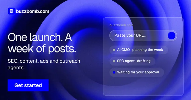 Social ad for BuzzBomb: "One launch. A week of posts." Swiss style, bottom layout, dark palette in blue.