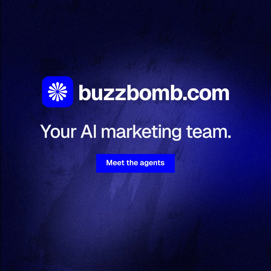 Instagram post for BuzzBomb: "Your AI marketing team." Swiss style, logo hero layout, dark palette in black, blue.