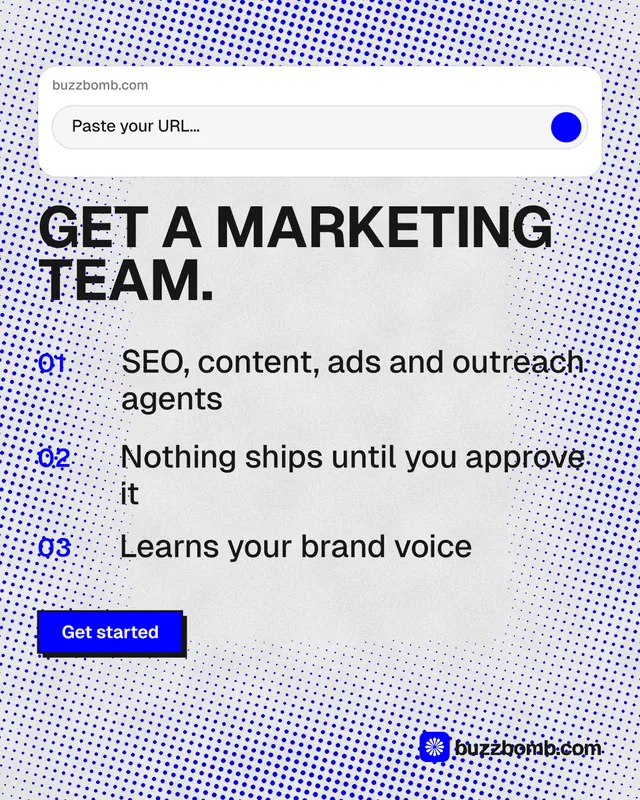 Instagram portrait post for BuzzBomb: "Get a marketing team." Brutalist style, numbered layout, light palette in blue, white.
