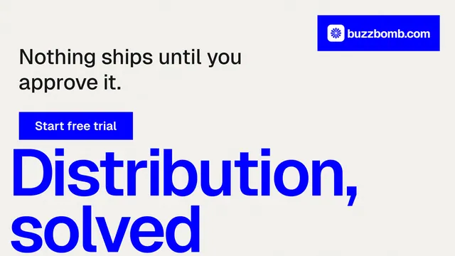 Landscape graphic for BuzzBomb: "Distribution, solved." Swiss style, oversized layout, light palette in white, blue.