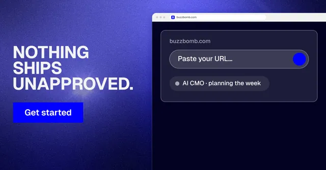 Social ad for BuzzBomb: "Nothing ships unapproved." Swiss style, browser layout, dark palette in blue, black.