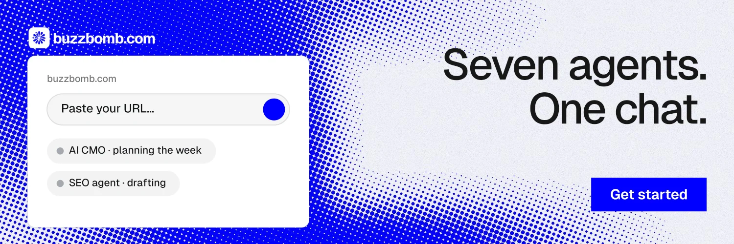 X header for BuzzBomb: "Seven agents. One chat." Swiss style, right layout, light palette in white, blue.