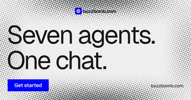 Social ad for BuzzBomb: "Seven agents. One chat." Split block style, poster layout, light palette in grey, white.
