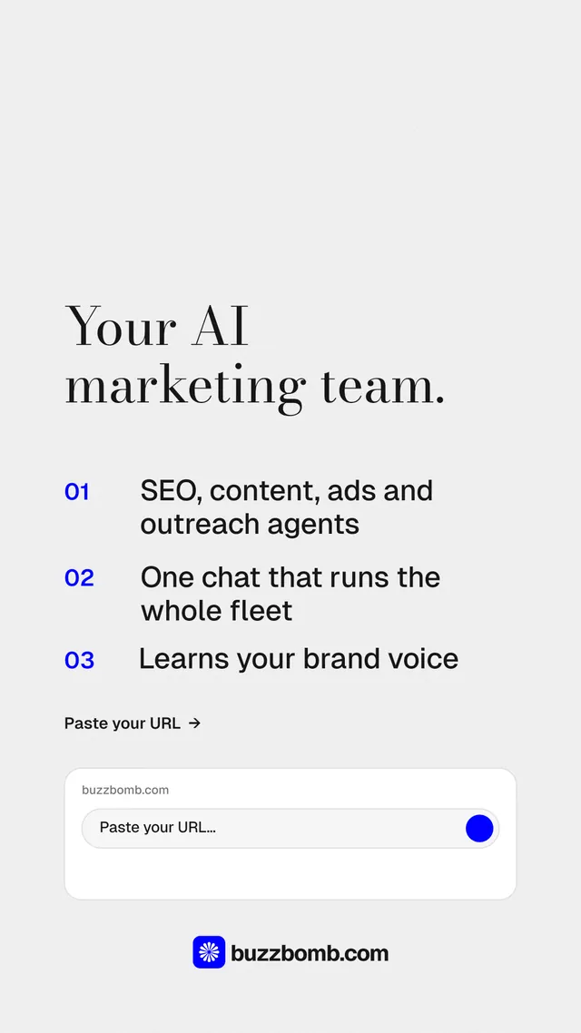 Instagram story for BuzzBomb: "Your AI marketing team." Minimal luxury style, numbered layout, light palette in white.