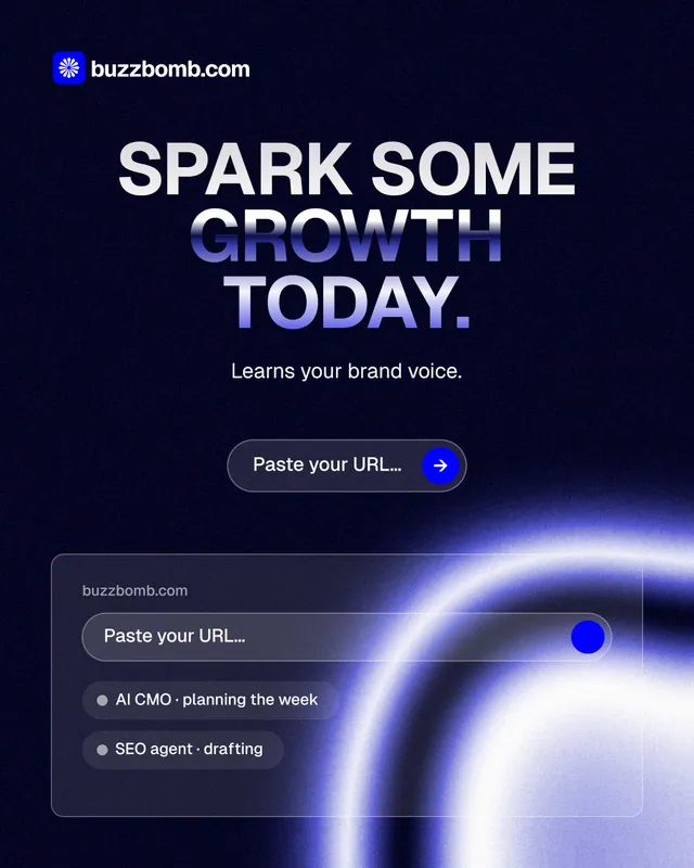 Instagram portrait post for BuzzBomb: "Spark some growth today." Agentic glass style, centred layout, dark palette in black, blue.