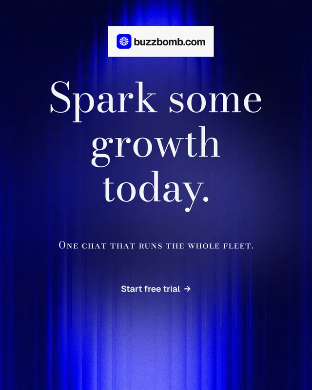 Instagram portrait post for BuzzBomb: "Spark some growth today." Minimal luxury style, smallcaps layout, dark palette in black, blue.