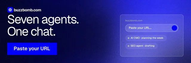 X header for BuzzBomb: "Seven agents. One chat." Swiss style, skeleton layout, dark palette in black, blue.