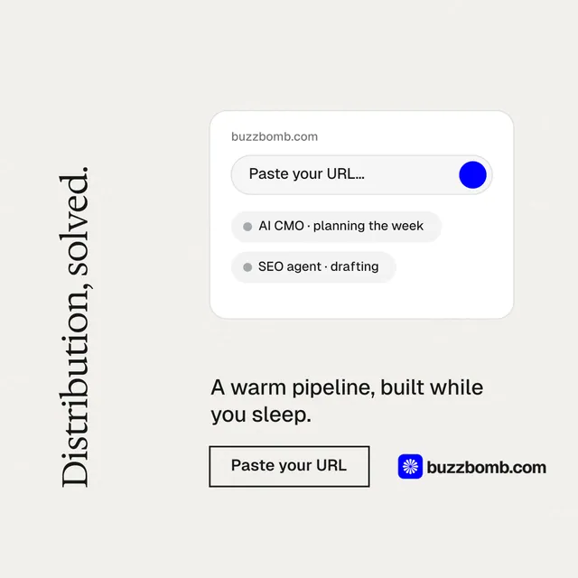Instagram post for BuzzBomb: "Distribution, solved." Editorial style, vertical layout, light palette in white.