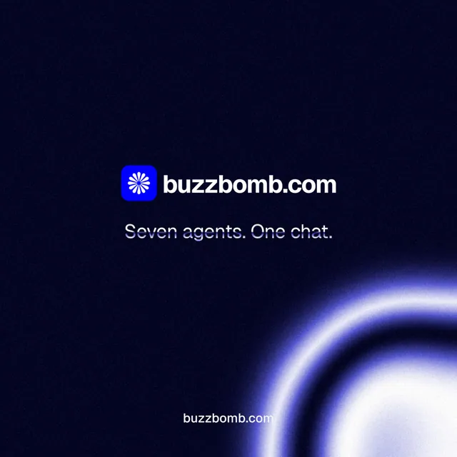 Instagram post for BuzzBomb: "Seven agents. One chat." Agentic glass style, end card layout, dark palette in black, blue.
