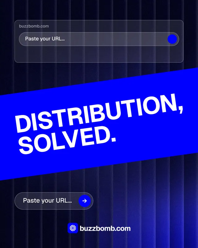 Instagram portrait post for BuzzBomb: "Distribution, solved." Agentic glass style, diagonal layout, dark palette in black, blue.