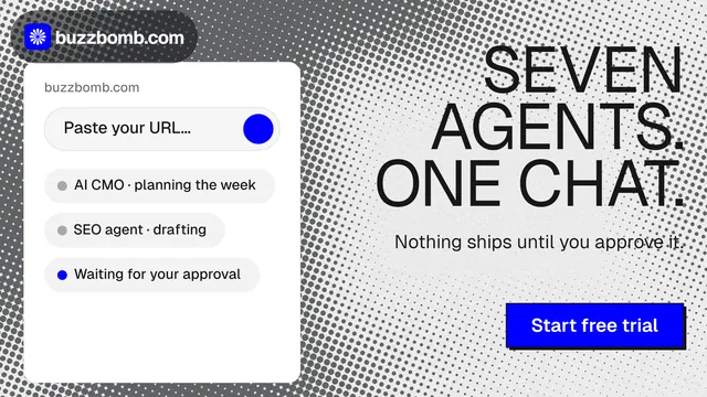 Landscape graphic for BuzzBomb: "Seven agents. One chat." Brutalist style, right layout, light palette in white, grey.