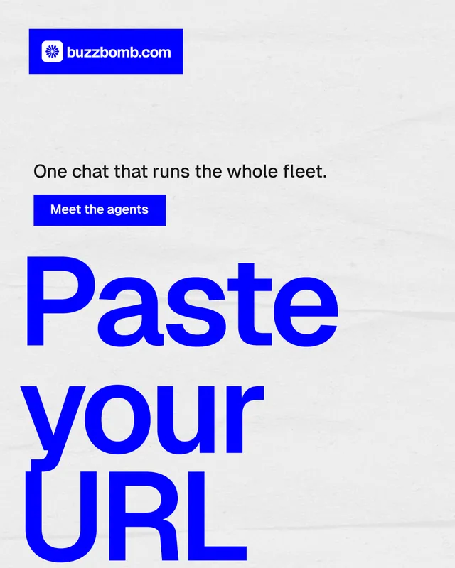 Instagram portrait post for BuzzBomb: "Paste your URL." Swiss style, oversized layout, light palette in white, blue.
