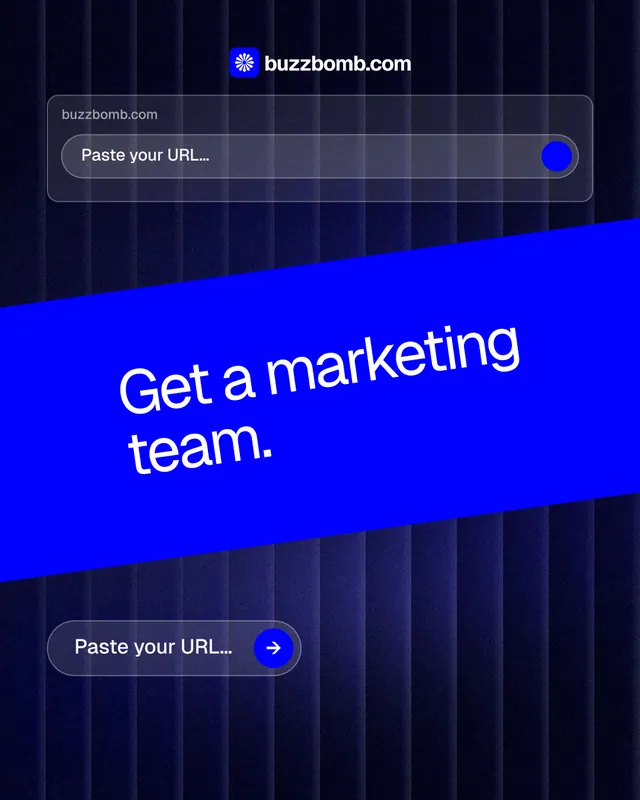 Instagram portrait post for BuzzBomb: "Get a marketing team." Agentic glass style, diagonal layout, dark palette in black, blue.