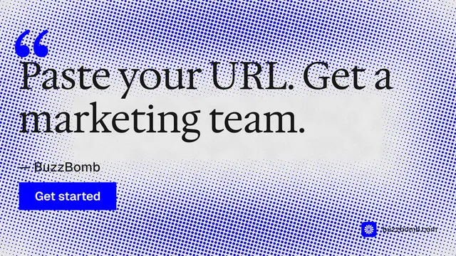 Landscape graphic for BuzzBomb: "Get a marketing team." Swiss style, quote layout, light palette in white, blue.