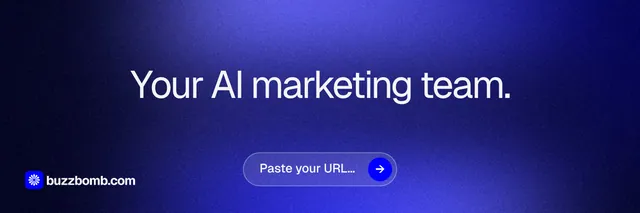 X header for BuzzBomb: "Your AI marketing team." Agentic glass style, centred layout, dark palette in blue, black.