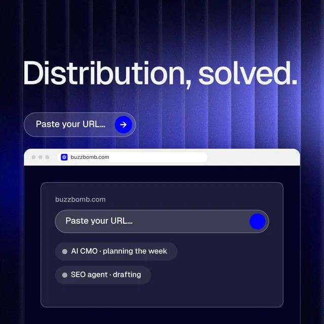 Instagram post for BuzzBomb: "Distribution, solved." Agentic glass style, browser layout, dark palette in blue, black.