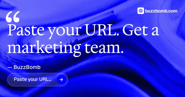 Social ad for BuzzBomb: "Get a marketing team." Agentic glass style, quote layout, dark palette in blue.