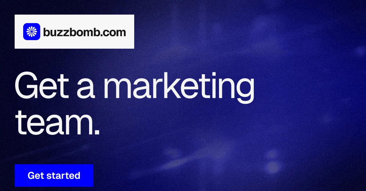 Social ad for BuzzBomb: "Get a marketing team." Swiss style, announce layout, dark palette in blue, grey.