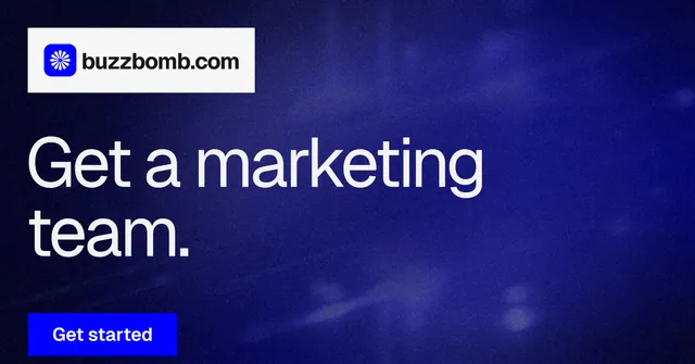Social ad for BuzzBomb: "Get a marketing team." Swiss style, announce layout, dark palette in blue, grey.