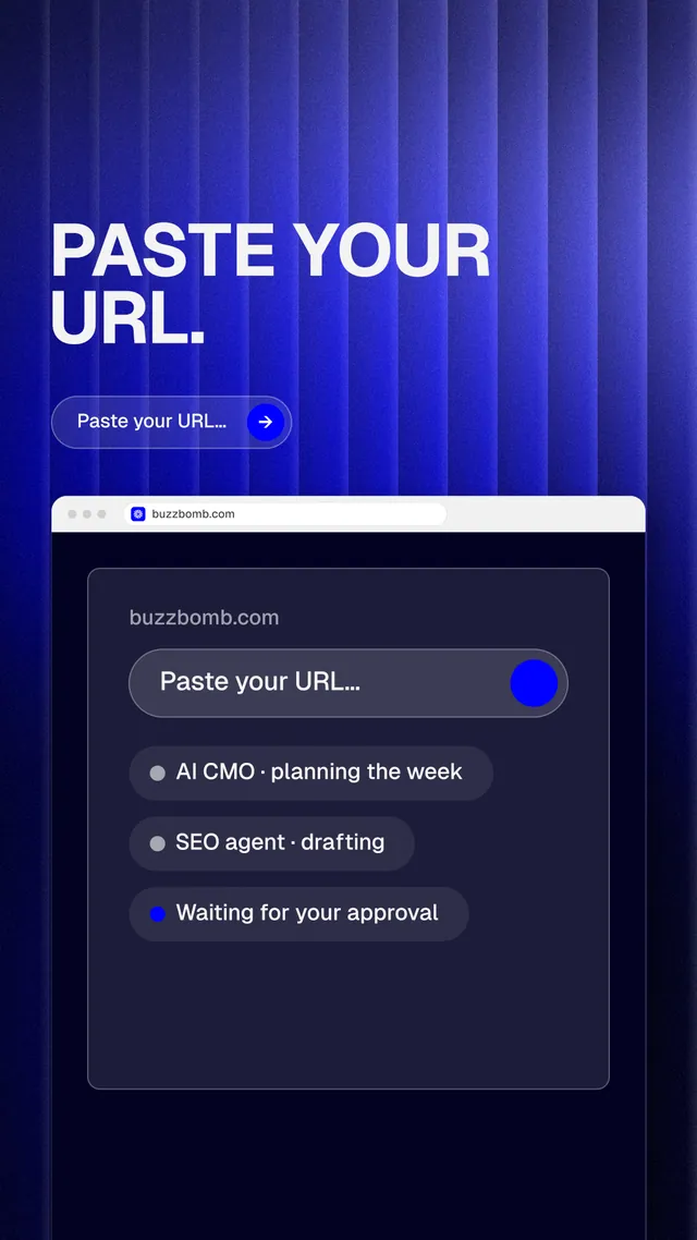 Instagram story for BuzzBomb: "Paste your URL." Agentic glass style, browser layout, dark palette in blue, black.