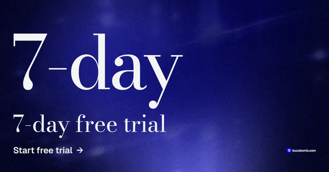 Social ad for BuzzBomb: "Get a marketing team." Minimal luxury style, stat layout, dark palette in black, blue.